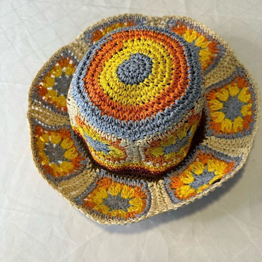 Peter Grimm Pura Vida Fergie Granny Square Crochet Floral Raffia Hat Boho Summer